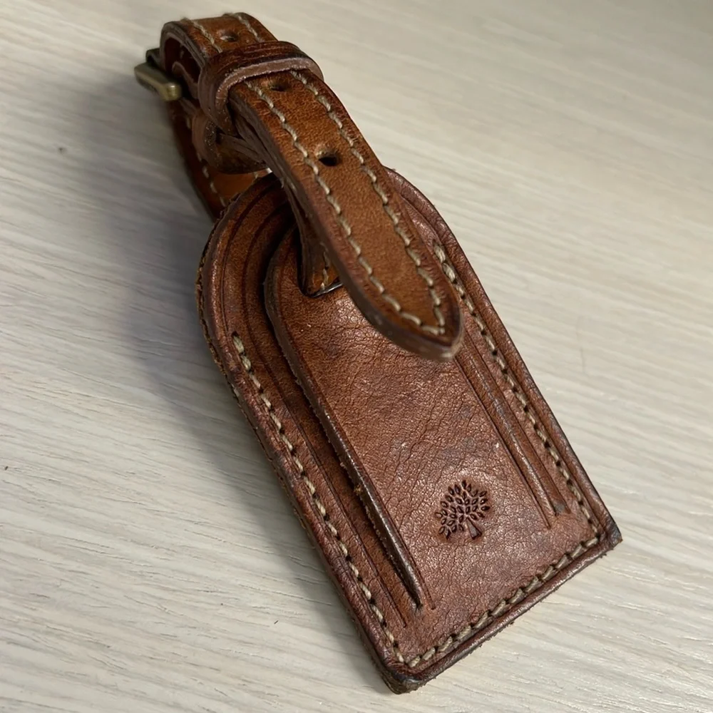Mulberry Saddle Brown Tan Leather Luggage Tag Brass Hardware